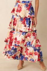 Flourish and Flow Ivory & Red Multi Floral Print Tiered Maxi Skirt