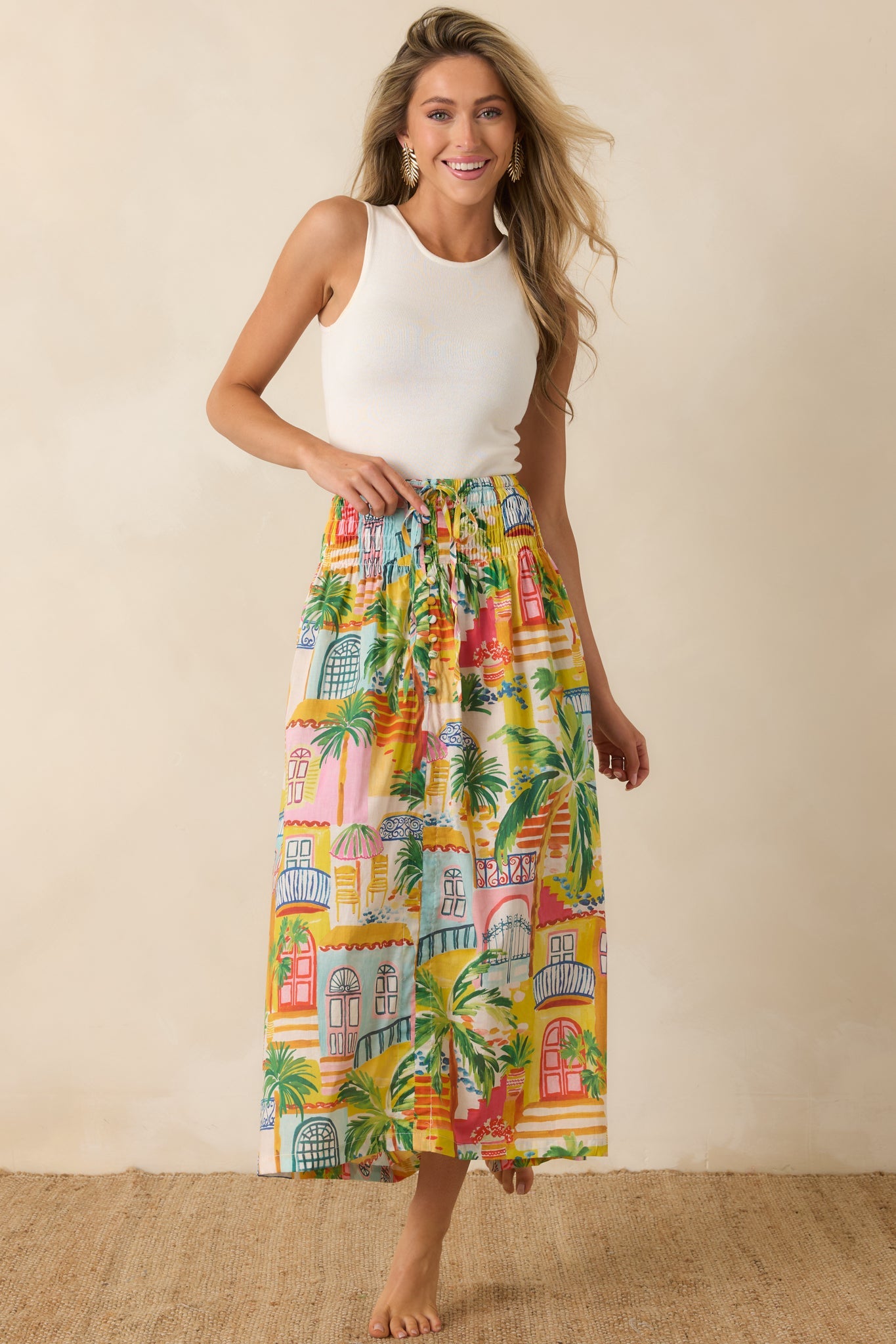 Paradisa Lucia Multi Coastal Village Print Cotton Maxi Skirt