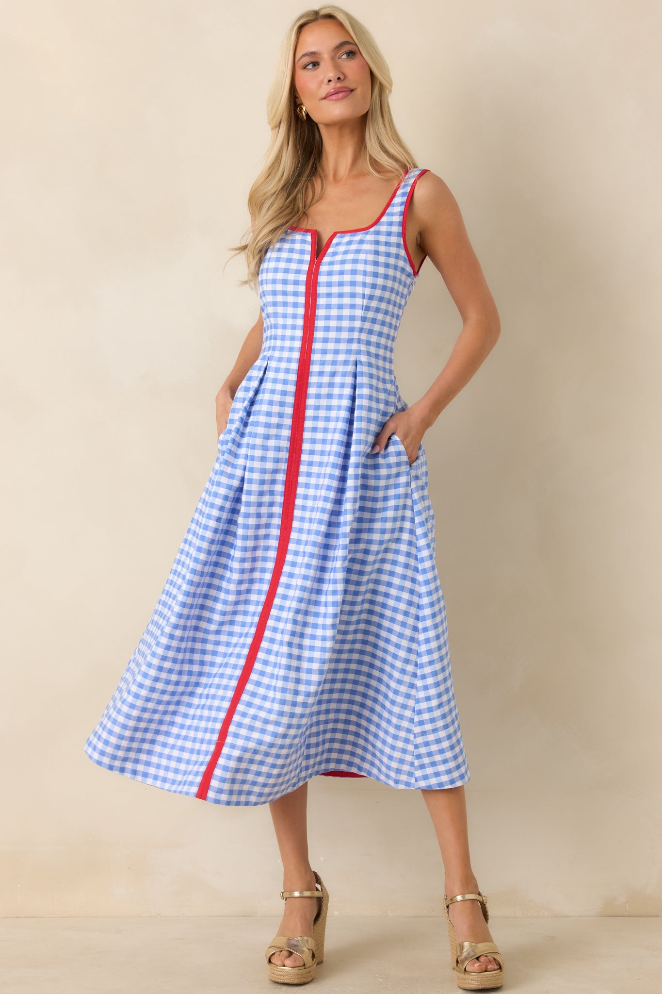 Pack the Film & Sunscreen Blue Gingham Contrast Trim Midi Dress