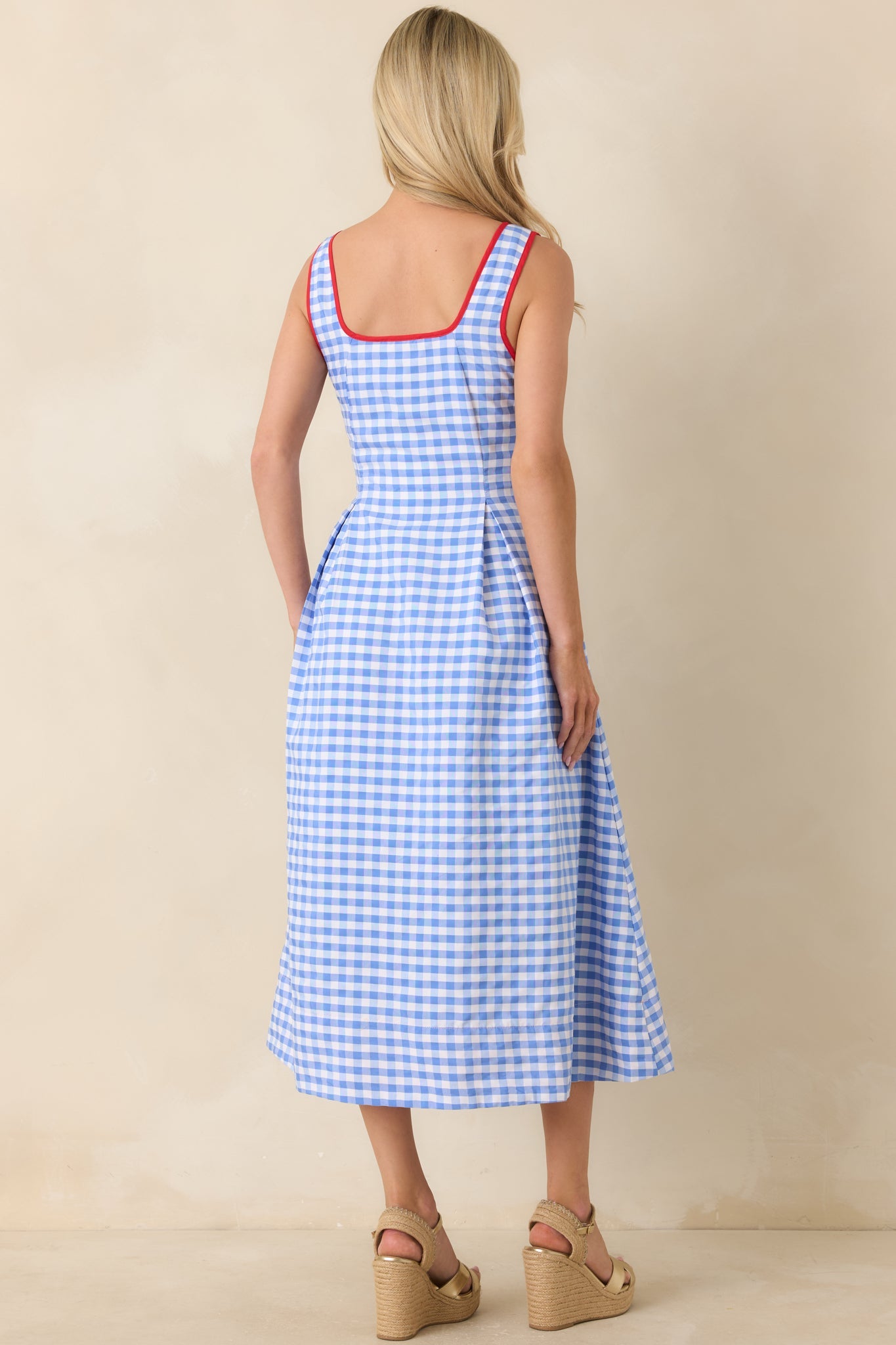 Pack the Film & Sunscreen Blue Gingham Contrast Trim Midi Dress
