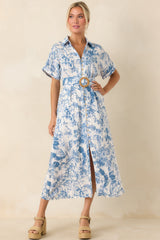 Springtime Splendor White & Blue Floral Belted Midi Dress