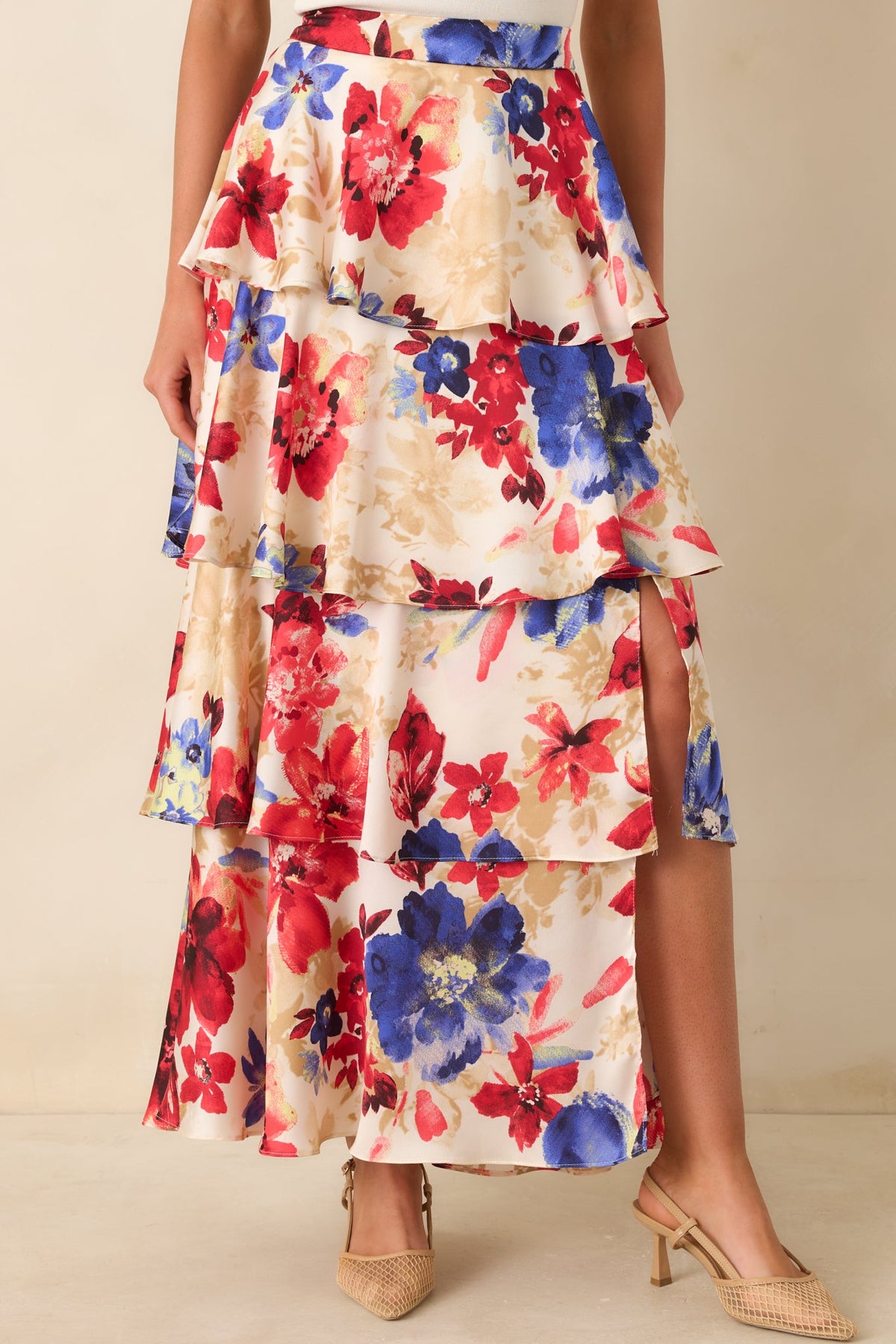 Flourish and Flow Ivory & Red Multi Floral Print Tiered Maxi Skirt