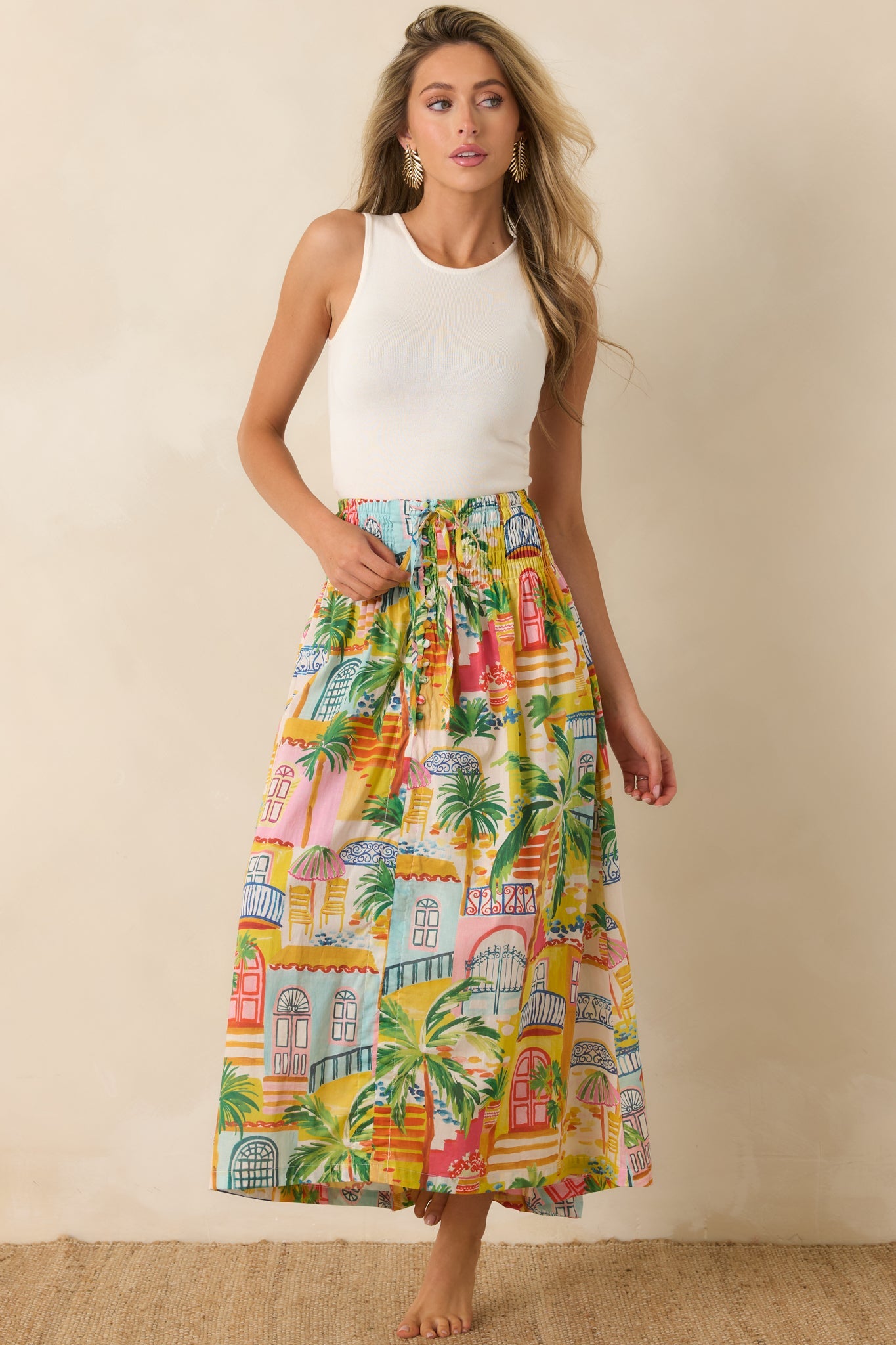 Paradisa Lucia Multi Coastal Village Print Cotton Maxi Skirt