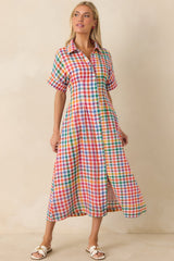 Confetti Forecast Multi Plaid Cotton Button Front Midi Dress