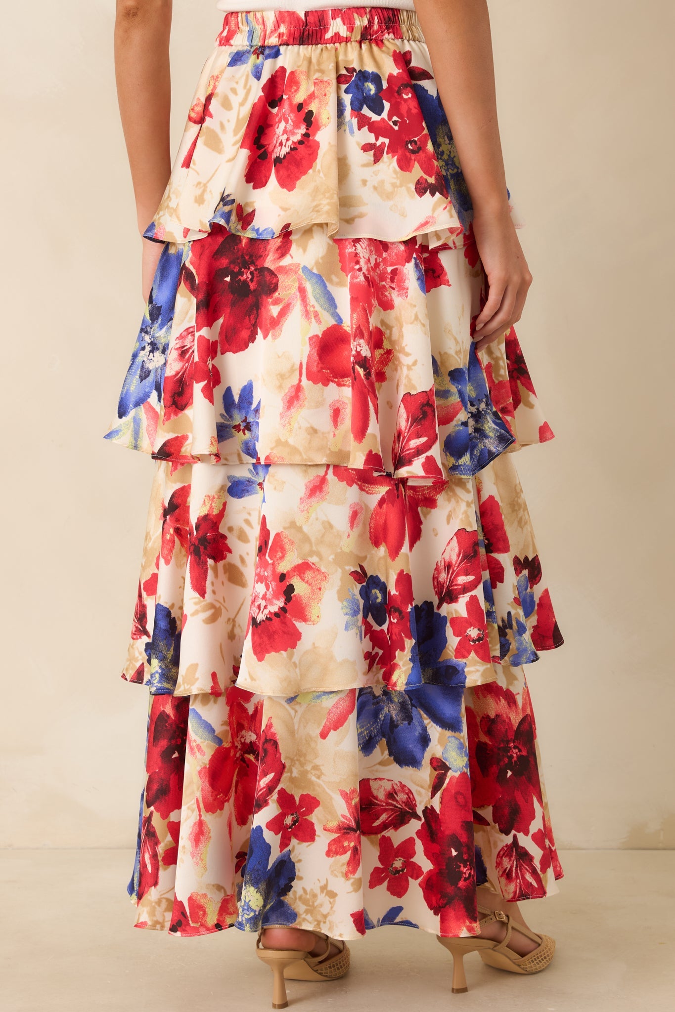 Flourish and Flow Ivory & Red Multi Floral Print Tiered Maxi Skirt