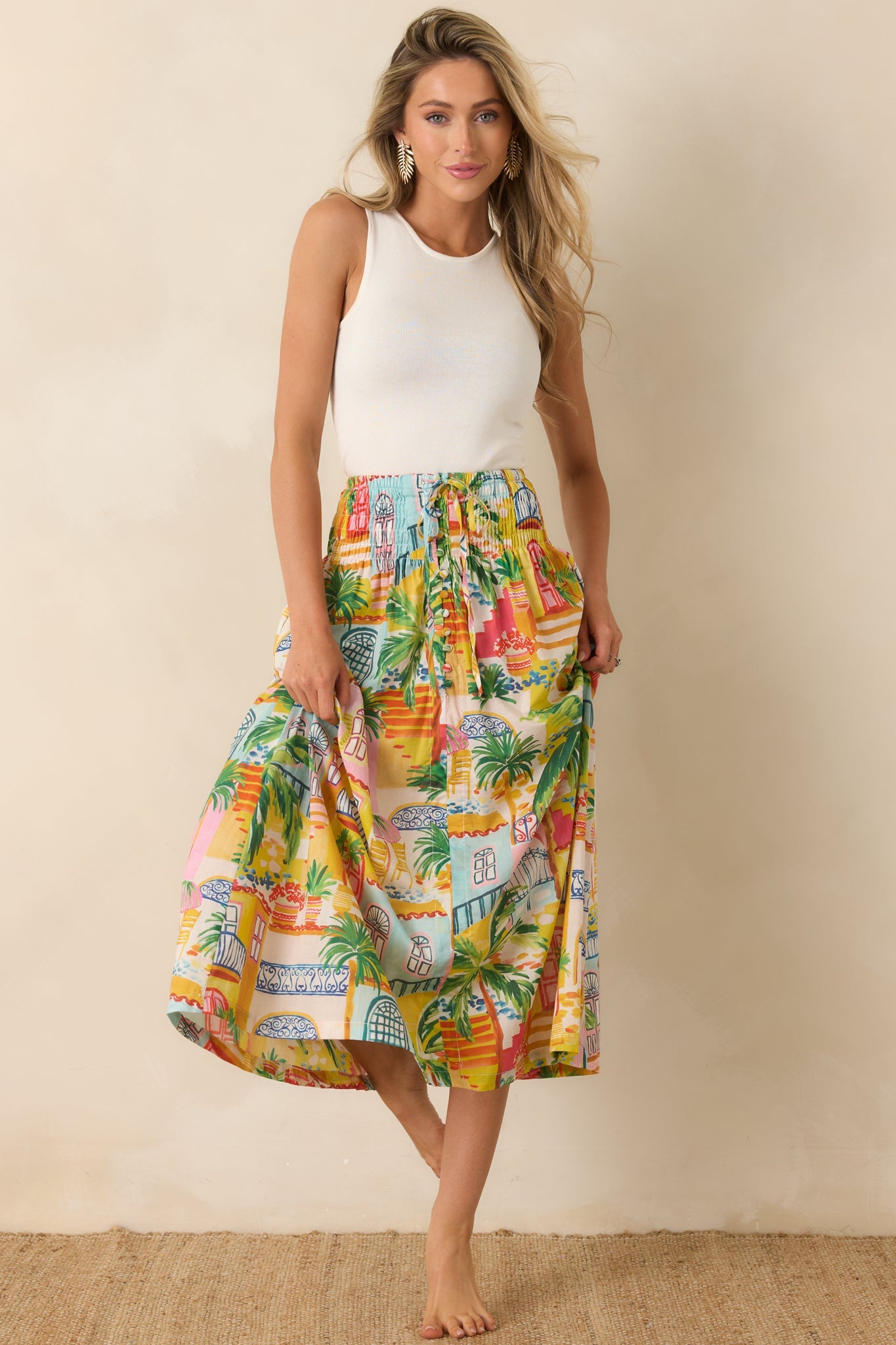 Paradisa Lucia Multi Coastal Village Print Cotton Maxi Skirt
