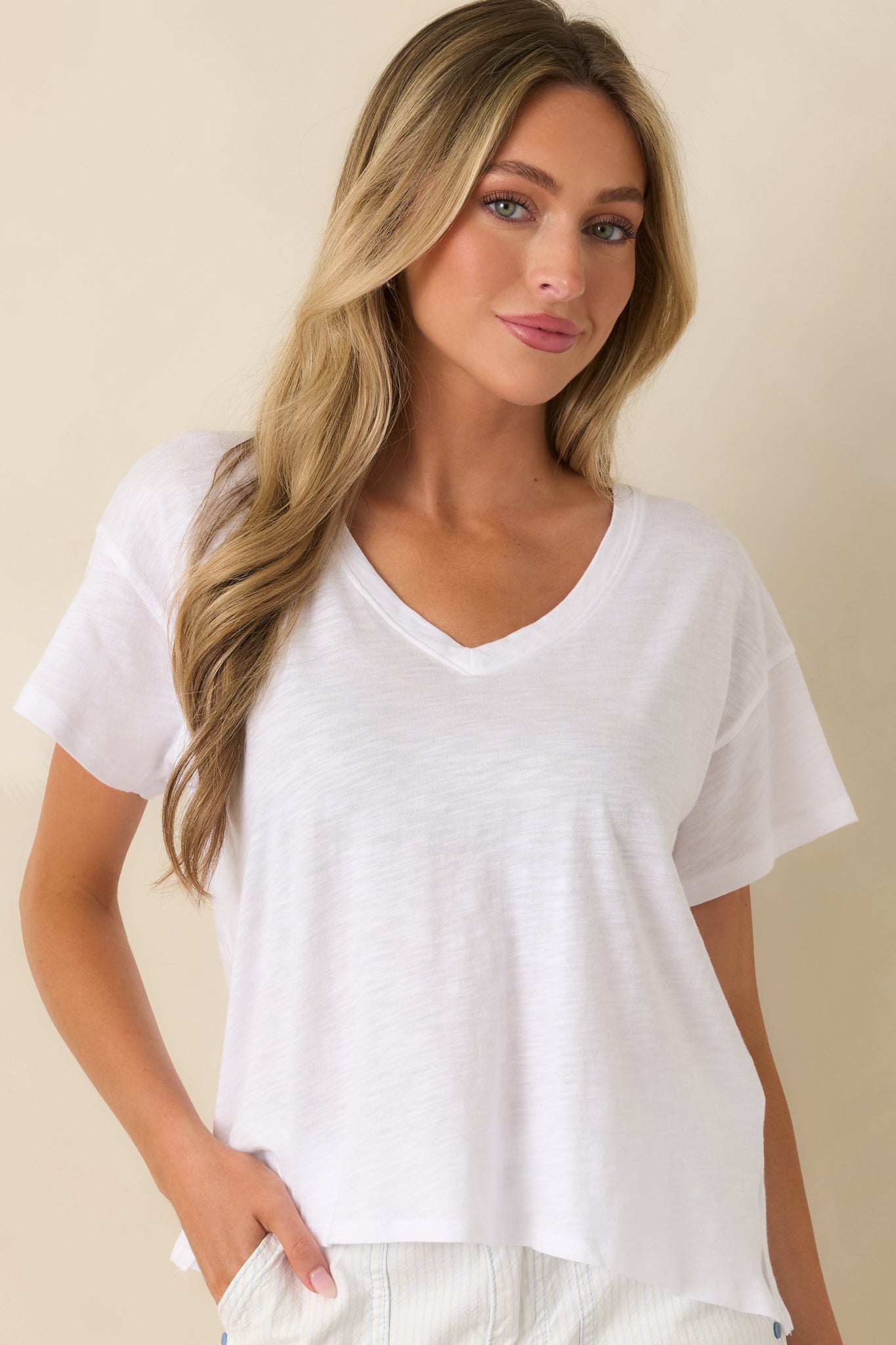 Casual Perfection White Modal Blend V-Neck Tee