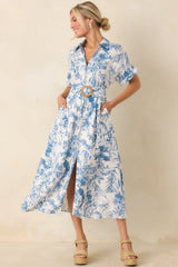 Springtime Splendor White & Blue Floral Belted Midi Dress