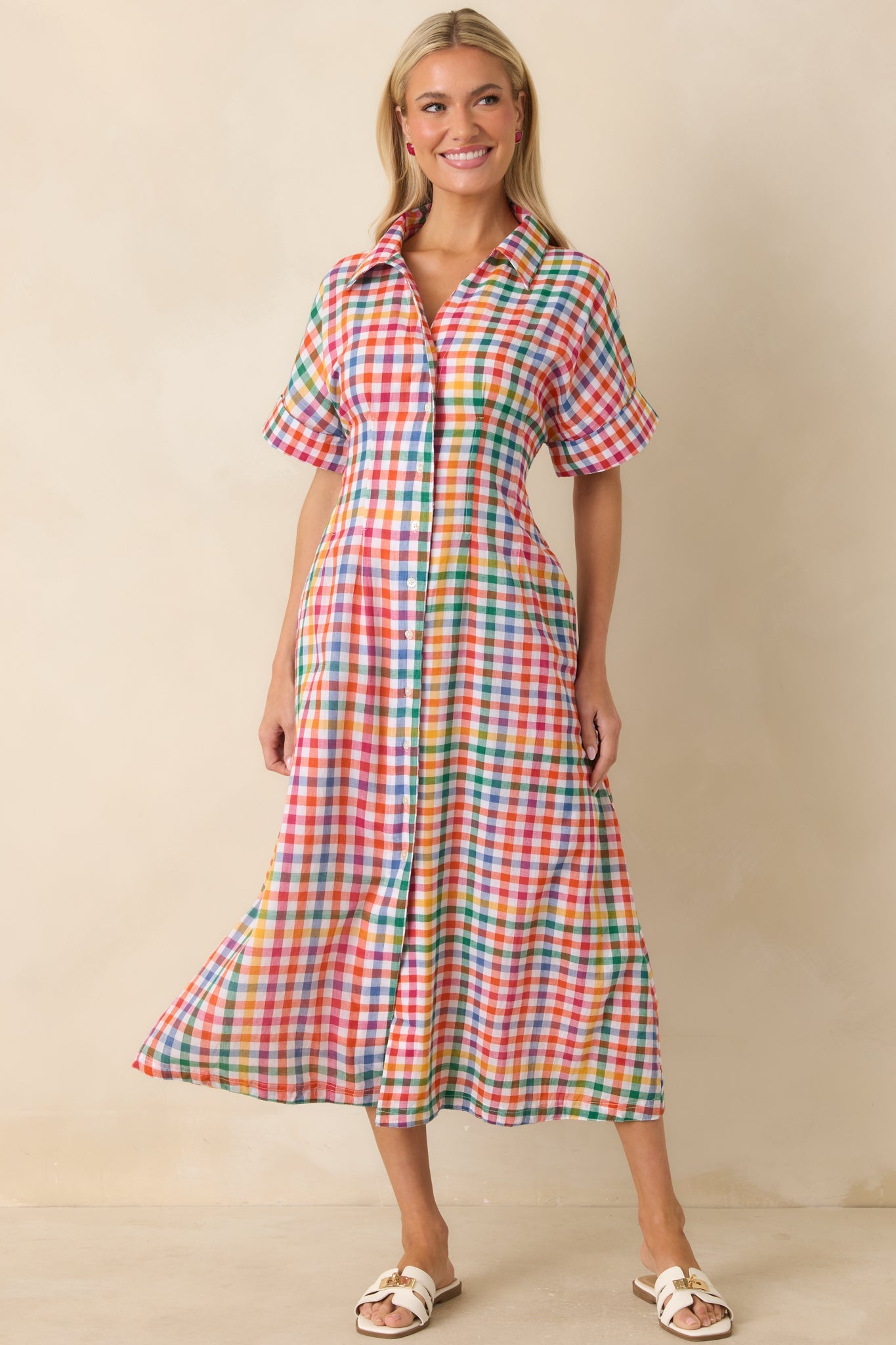 Confetti Forecast Multi Plaid Cotton Button Front Midi Dress