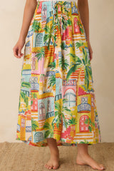 Paradisa Lucia Multi Coastal Village Print Cotton Maxi Skirt