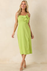 Can't Miss This Chartreuse Linen Blend Floral Appliqué Midi Dress