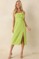 Can't Miss This Chartreuse Linen Blend Floral Appliqué Midi Dress