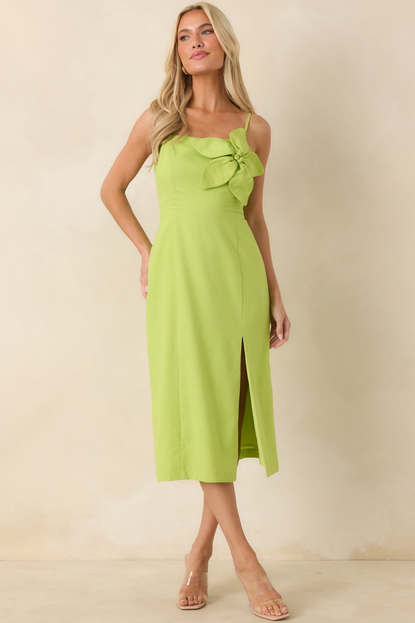 Can't Miss This Chartreuse Linen Blend Floral Appliqué Midi Dress