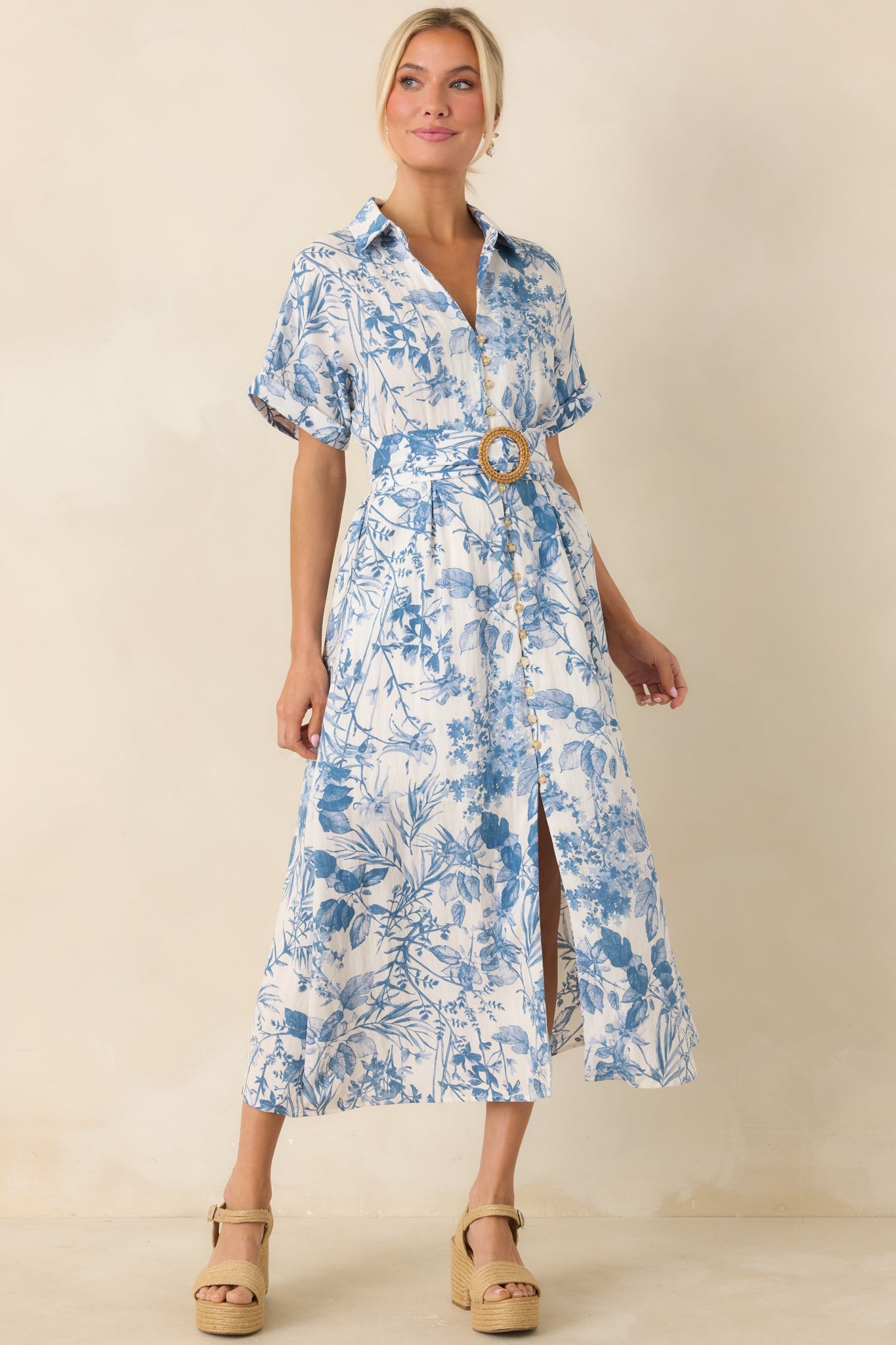 Springtime Splendor White & Blue Floral Belted Midi Dress