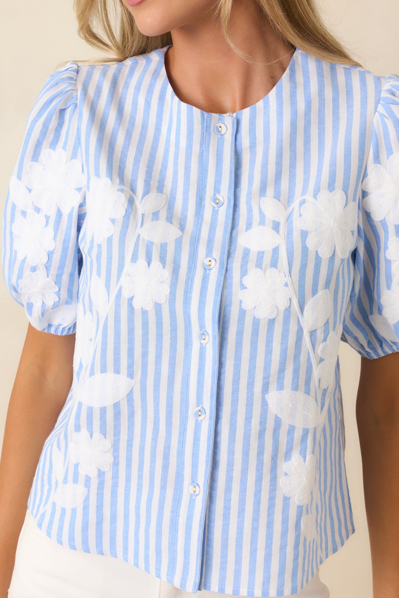 Just Enough Charm Blue Stripe Floral Embroidered Top