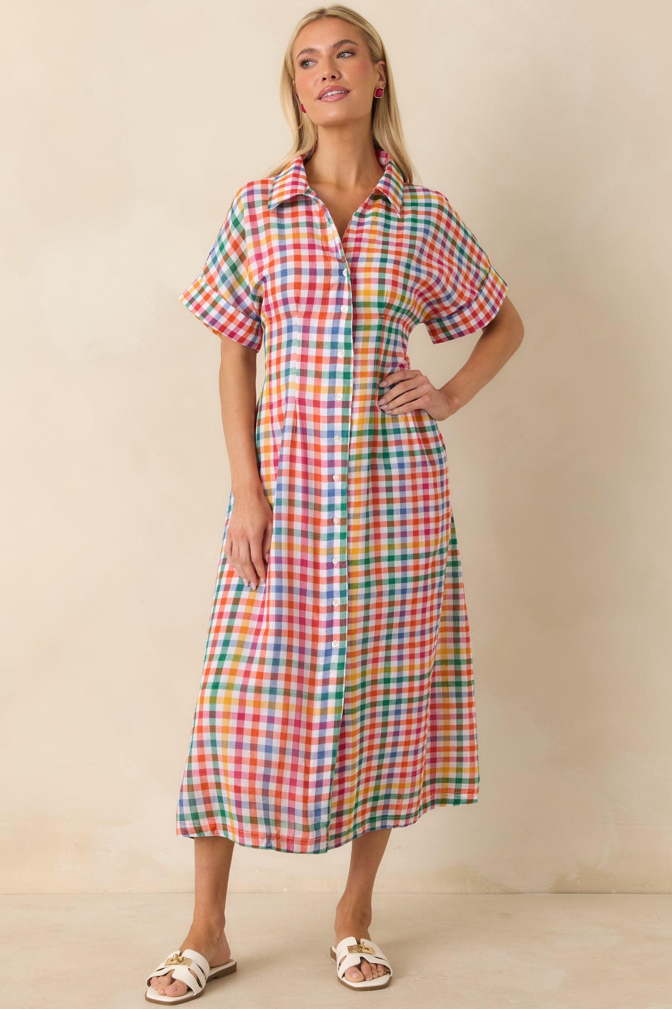 Confetti Forecast Multi Plaid Cotton Button Front Midi Dress