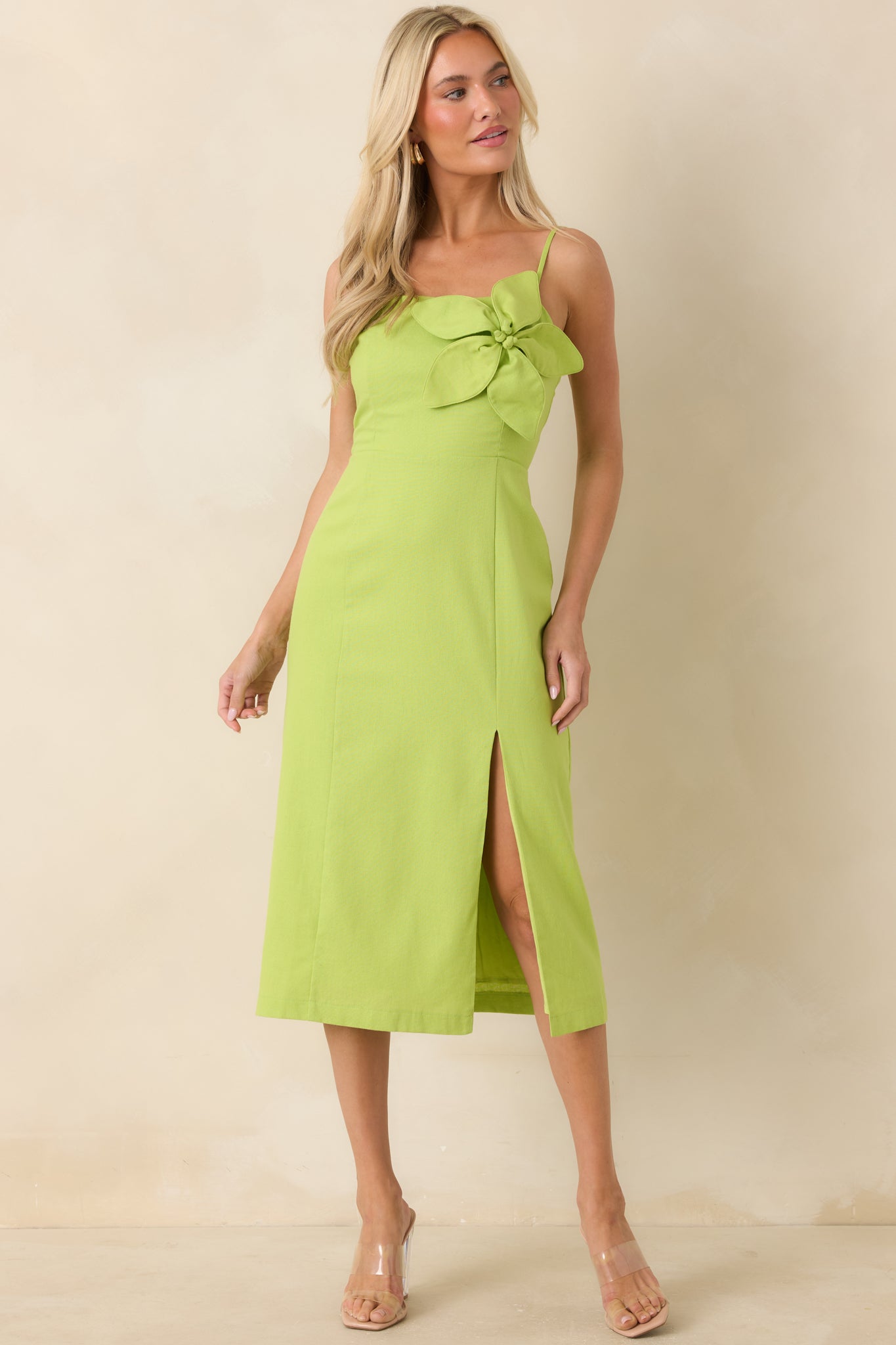 Can't Miss This Chartreuse Linen Blend Floral Appliqué Midi Dress