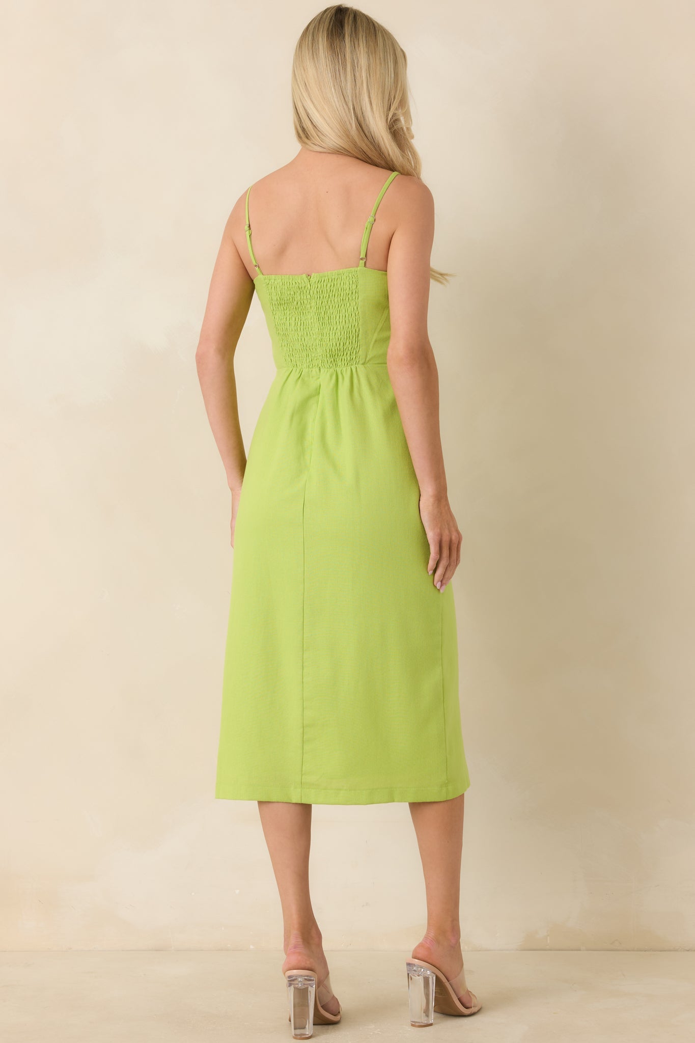 Can't Miss This Chartreuse Linen Blend Floral Appliqué Midi Dress