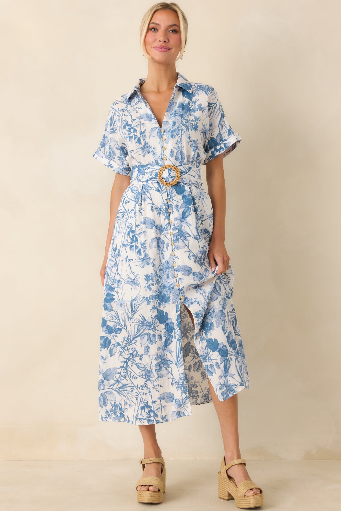 Springtime Splendor White & Blue Floral Belted Midi Dress