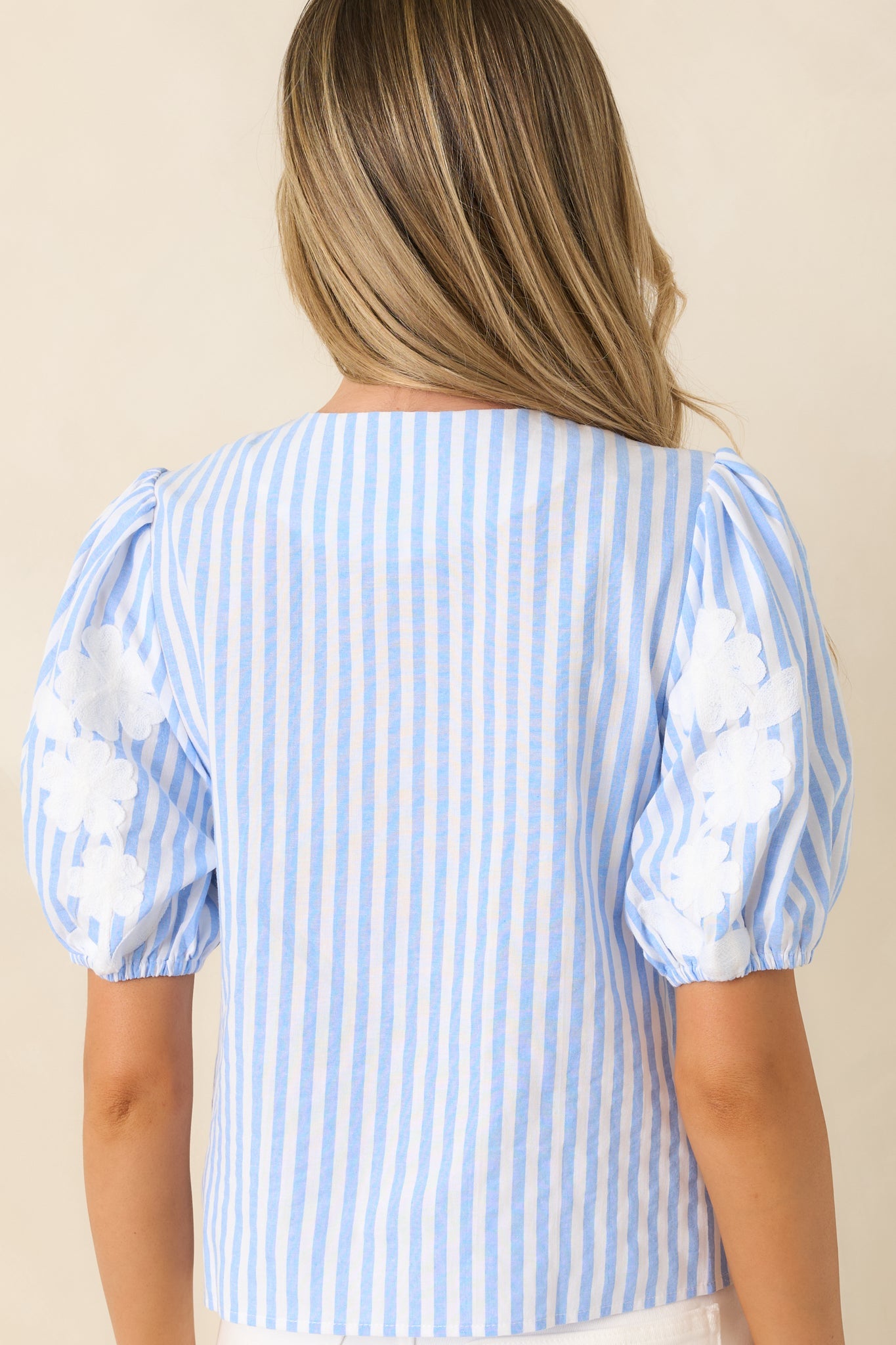 Just Enough Charm Blue Stripe Floral Embroidered Top