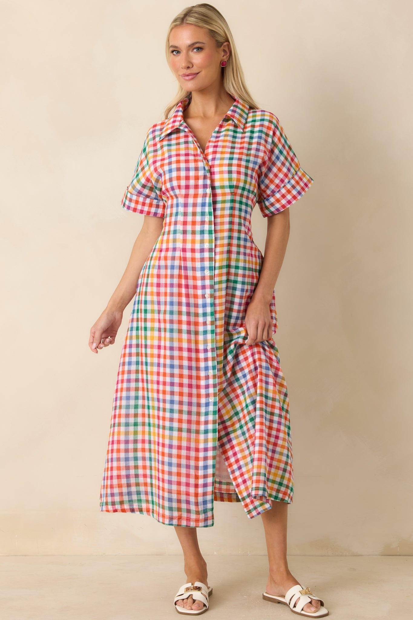 Confetti Forecast Multi Plaid Cotton Button Front Midi Dress
