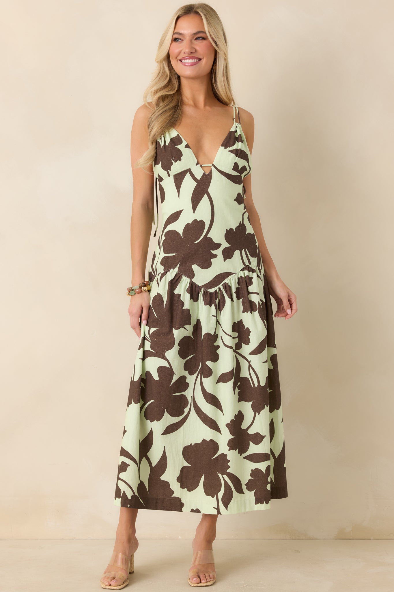MINKPINK Esme Mint & Chocolate Floral Cotton Strappy Midi Dress