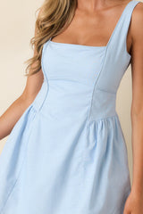 MINKPINK Ines Baby Blue Cotton Linen Square Neck Mini Dress