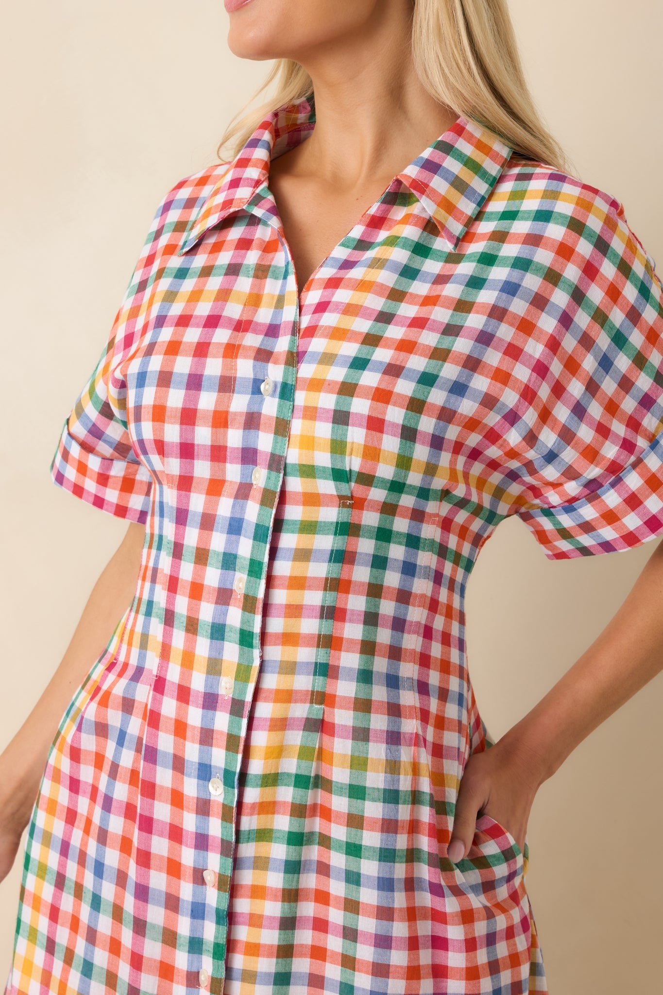 Confetti Forecast Multi Plaid Cotton Button Front Midi Dress
