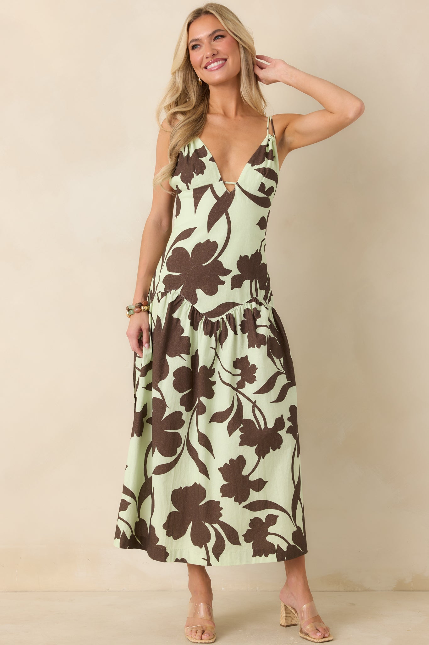 MINKPINK Esme Mint & Chocolate Floral Cotton Strappy Midi Dress