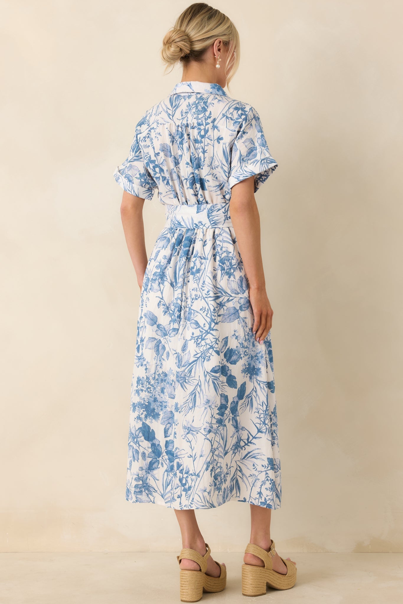 Springtime Splendor White & Blue Floral Belted Midi Dress