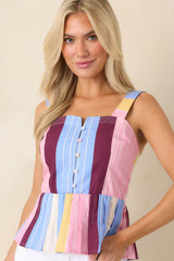 You Noticed Multi Stripe Cotton Pleated Sleeveless Peplum Top