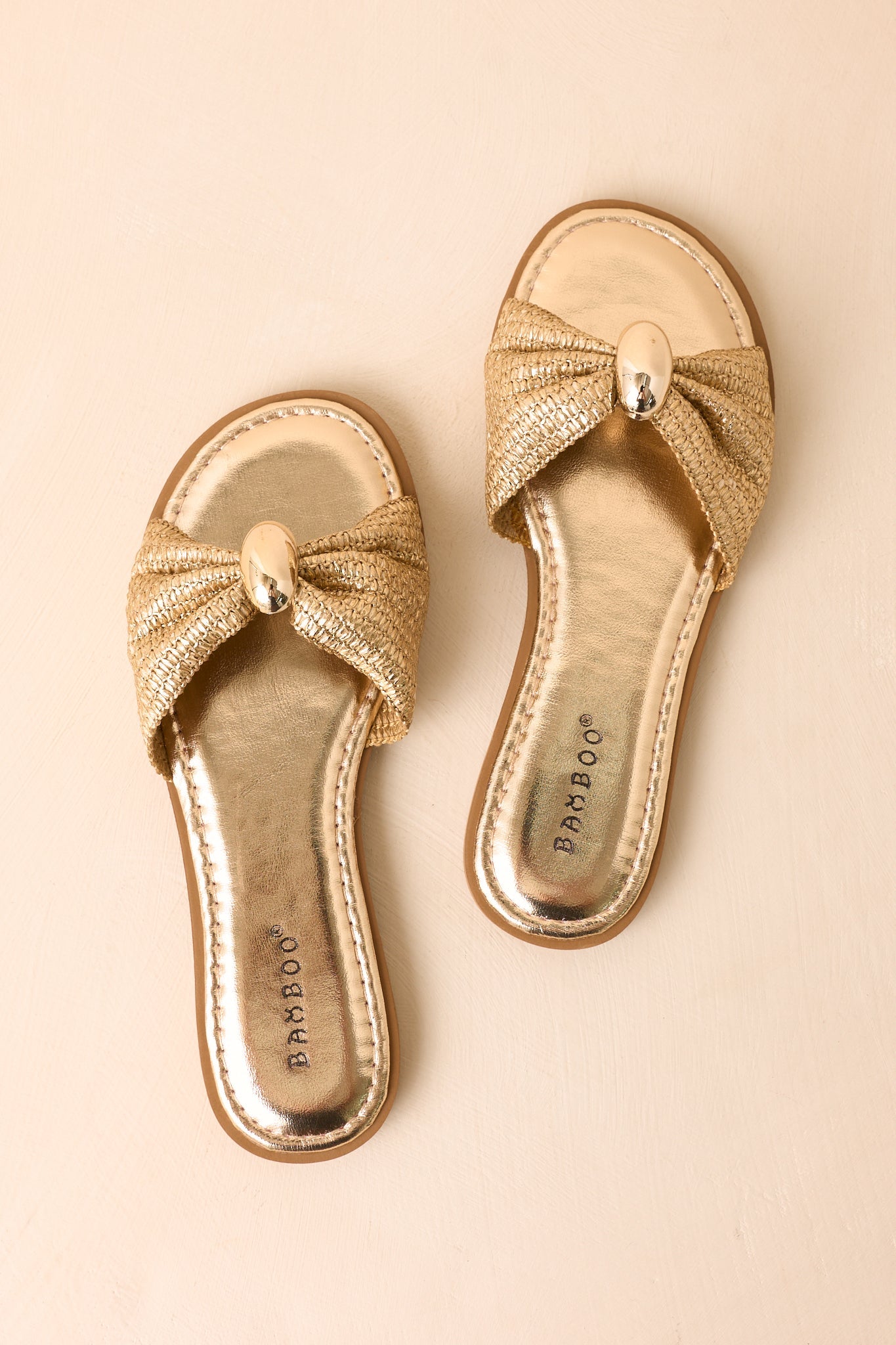 Harbor Light Gold Raffia Bow Slide Sandals