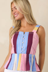 You Noticed Multi Stripe Cotton Pleated Sleeveless Peplum Top