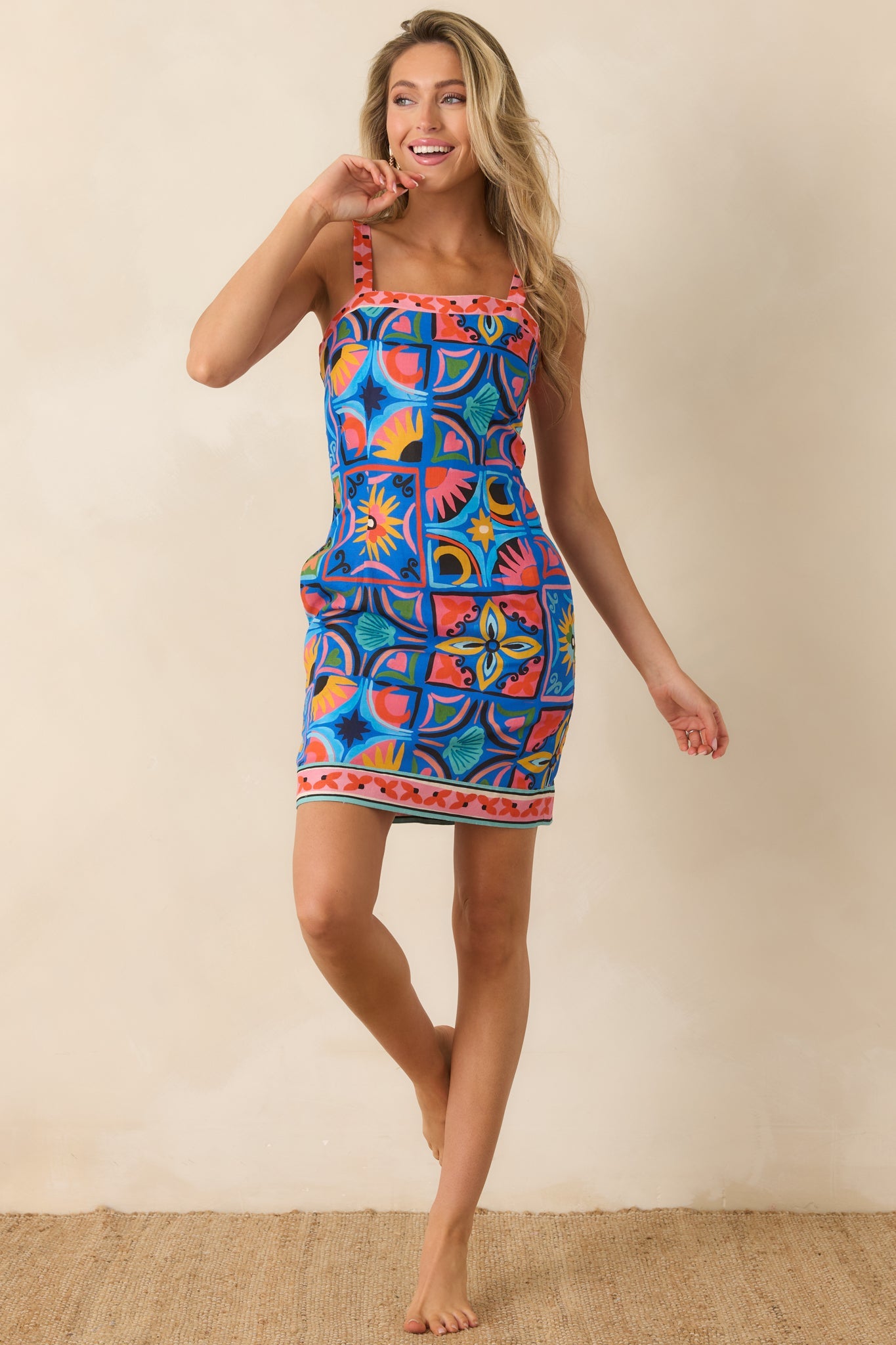 Paradisa Thira Blue Mediterranean Tile Print Linen Blend Mini Dress
