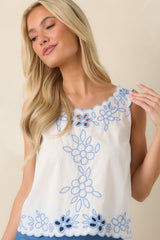 Keep It Easy Breezy White & Blue Embroidered Floral Cotton Sleeveless Top