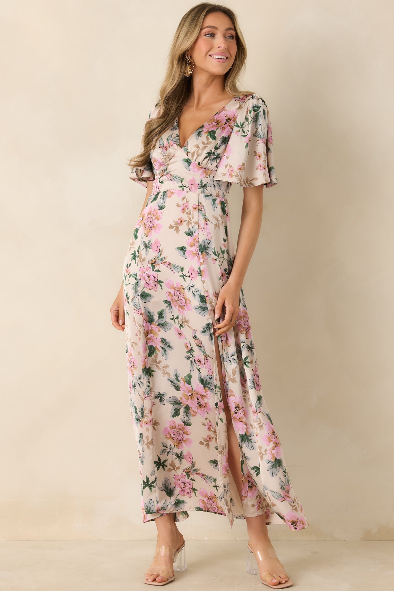 Rosewood Romance Ivory Multi Floral Flutter Sleeve Maxi Dress