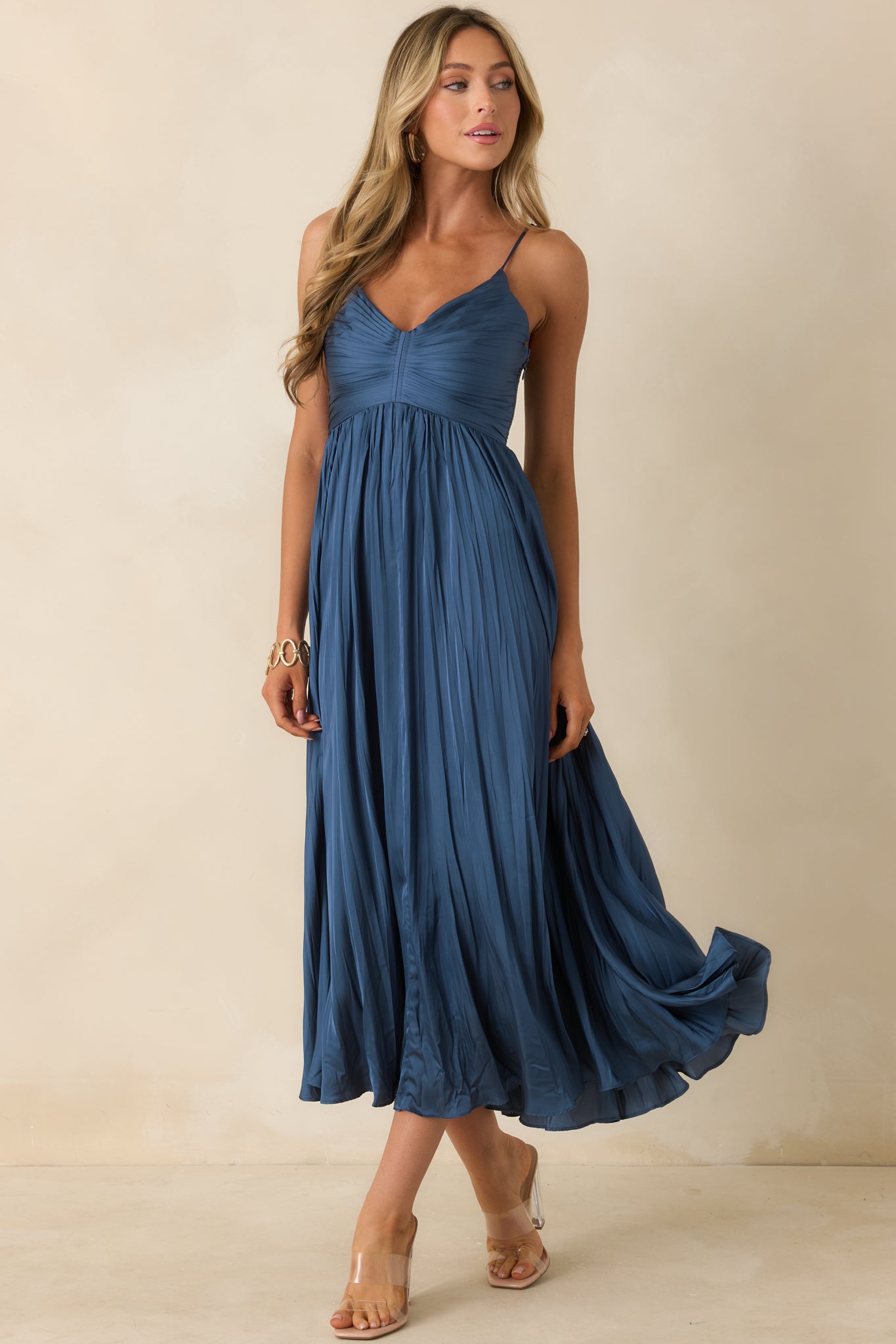 ASTR The Label Maeve Navy Pleated Midi Dress