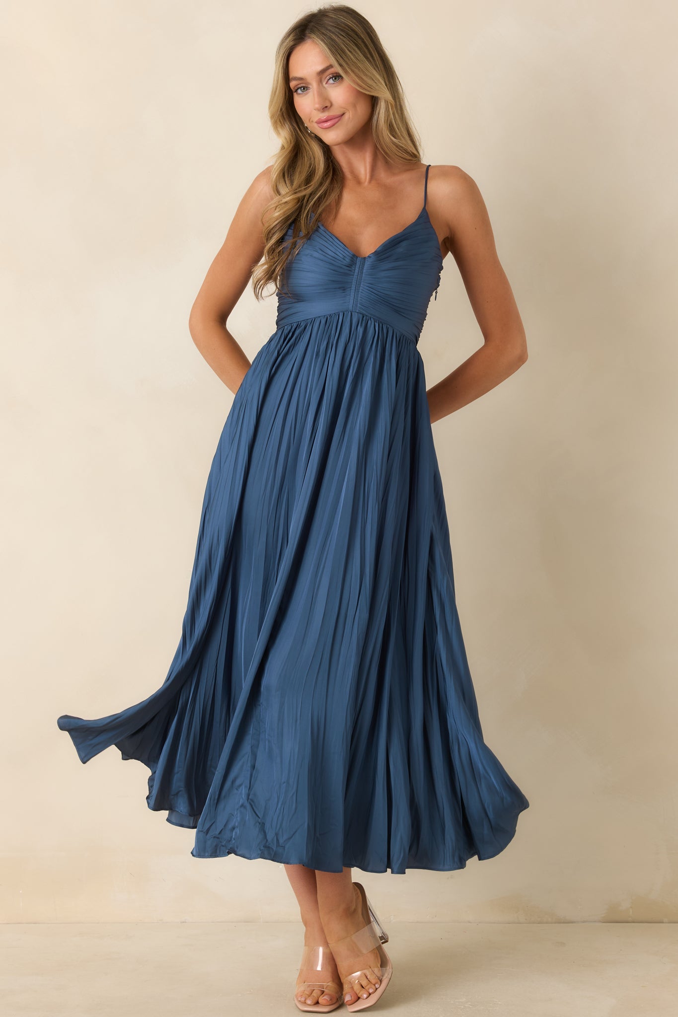 ASTR The Label Maeve Navy Pleated Midi Dress