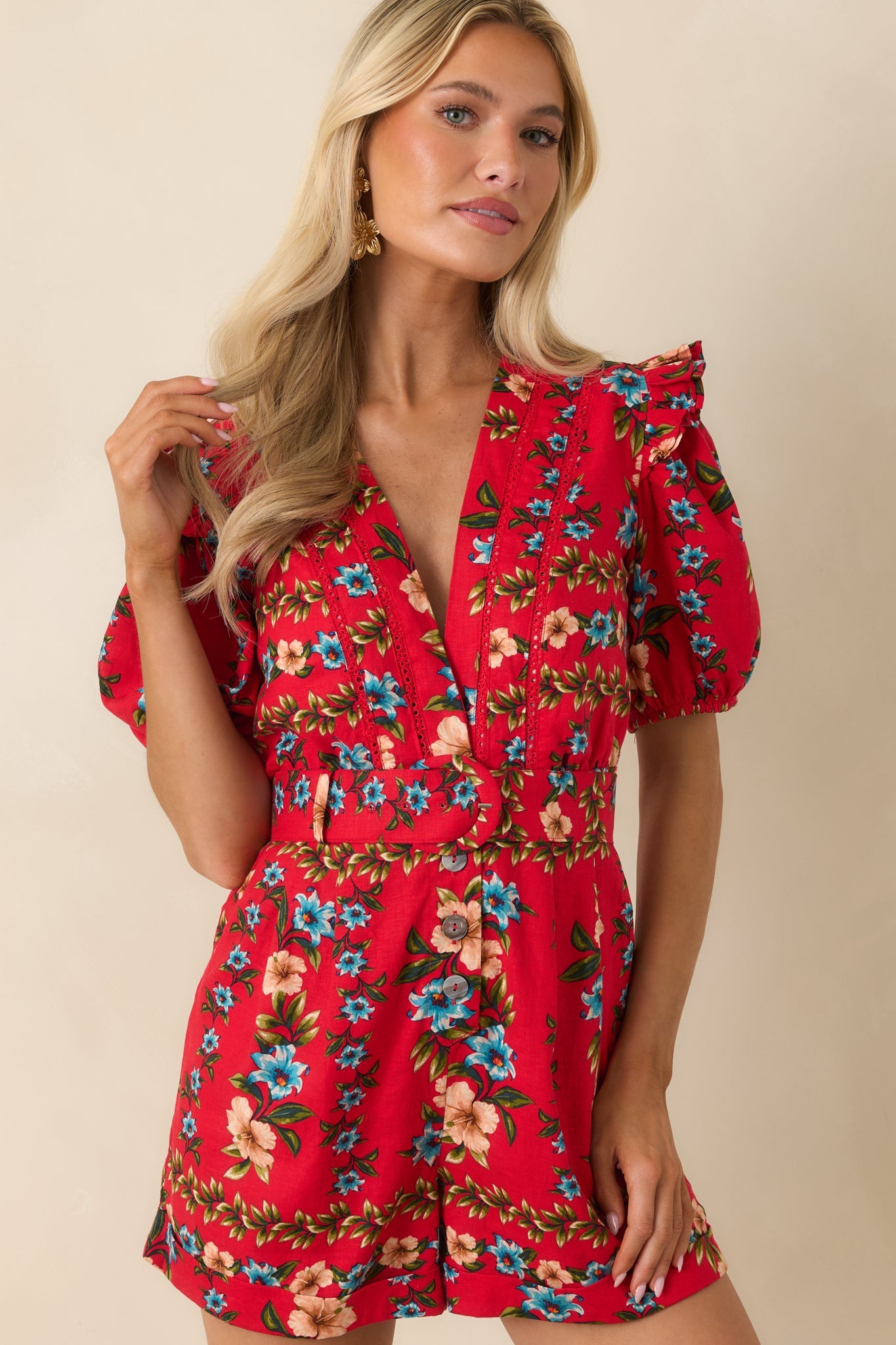 Adventurous at Heart Red Multi Linen Blend Floral Romper