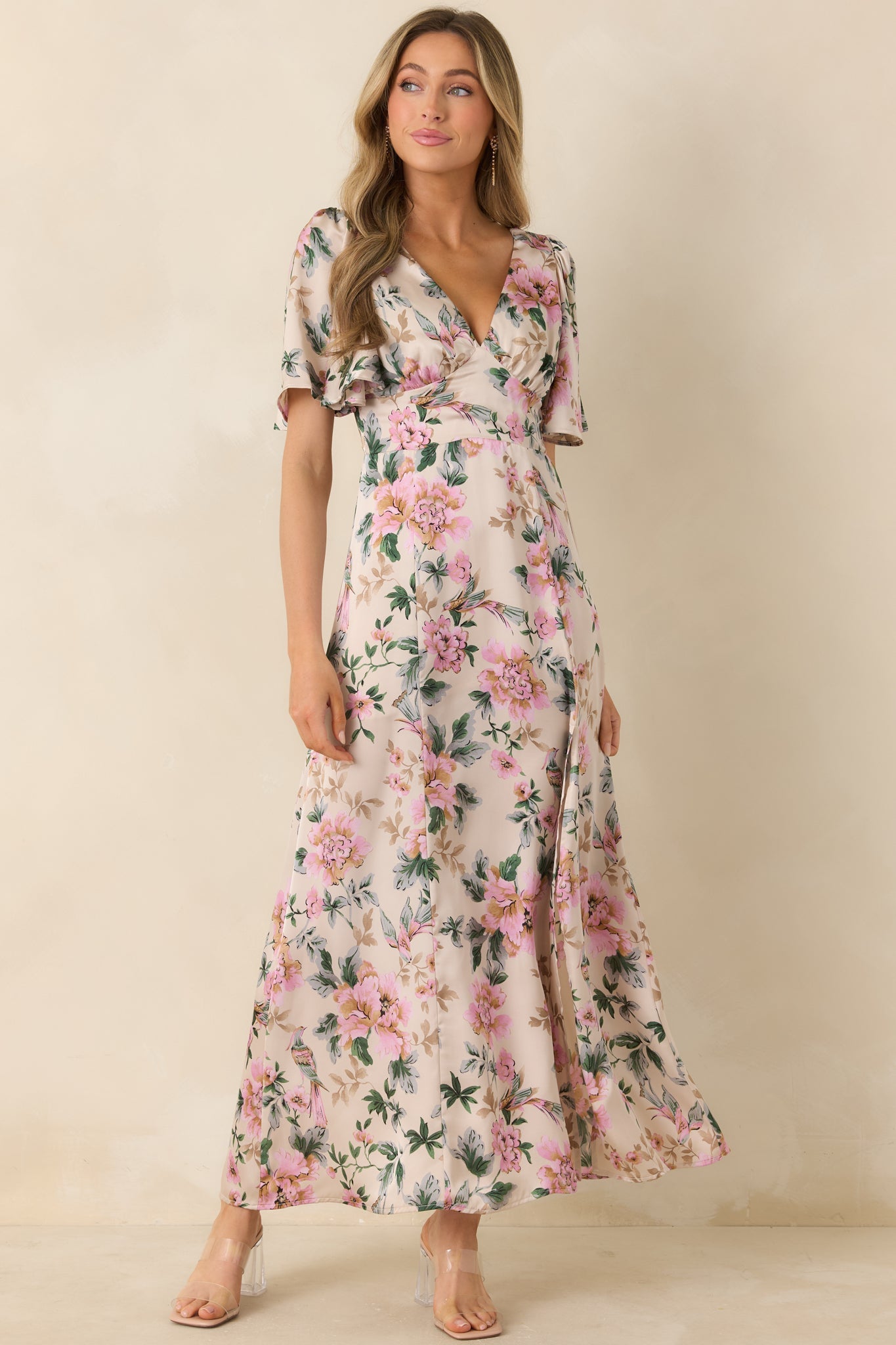 Rosewood Romance Ivory Multi Floral Flutter Sleeve Maxi Dress