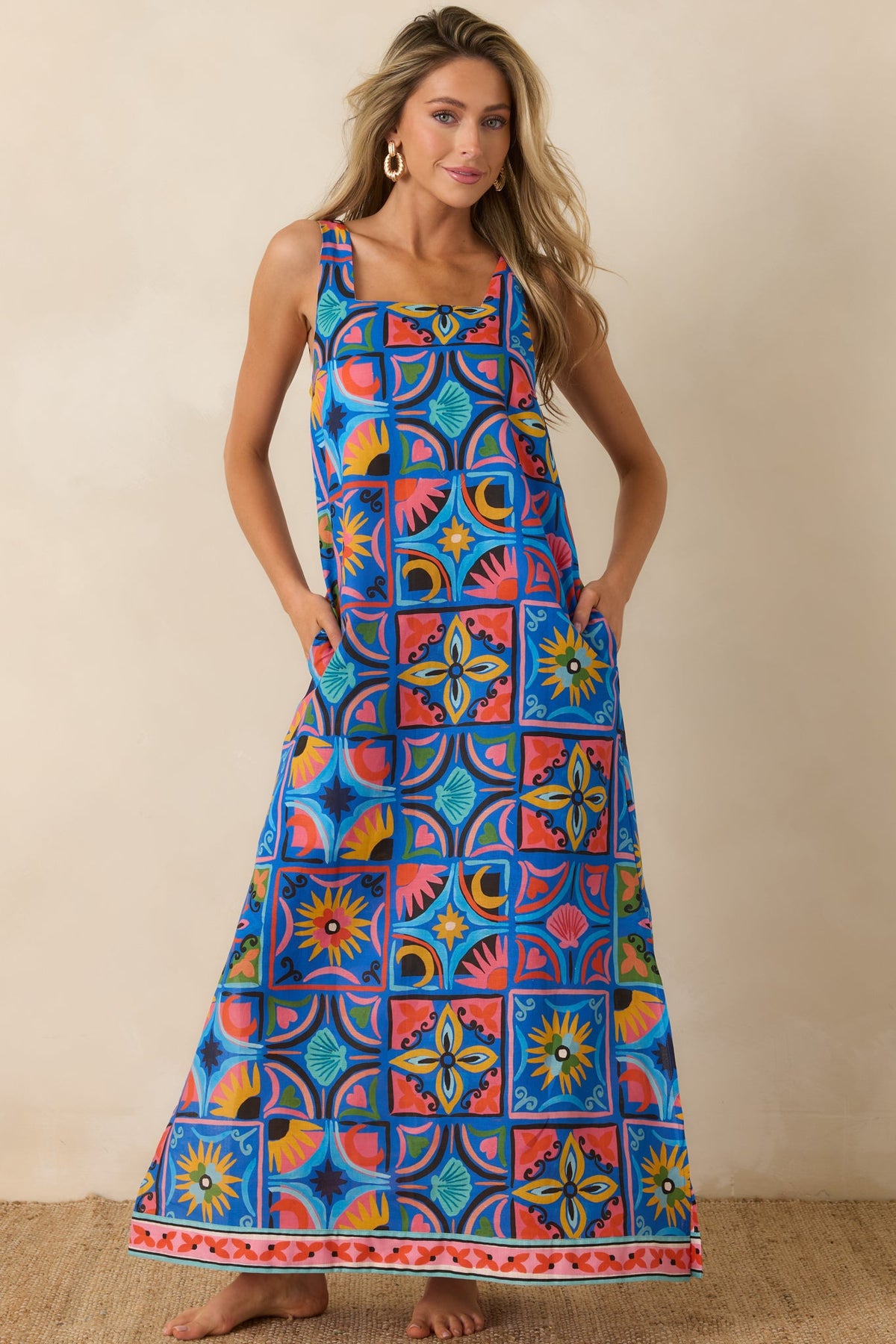 Paradisa Nerissa Blue Mediterranean Tile Print Linen Blend Maxi Dress