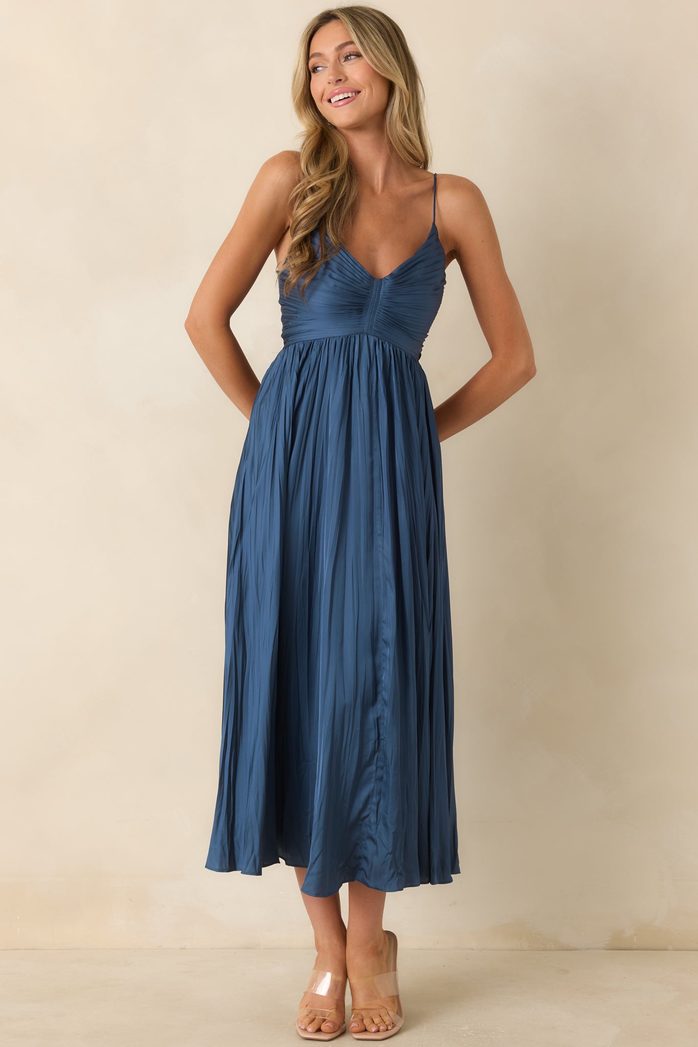 ASTR The Label Maeve Navy Pleated Midi Dress