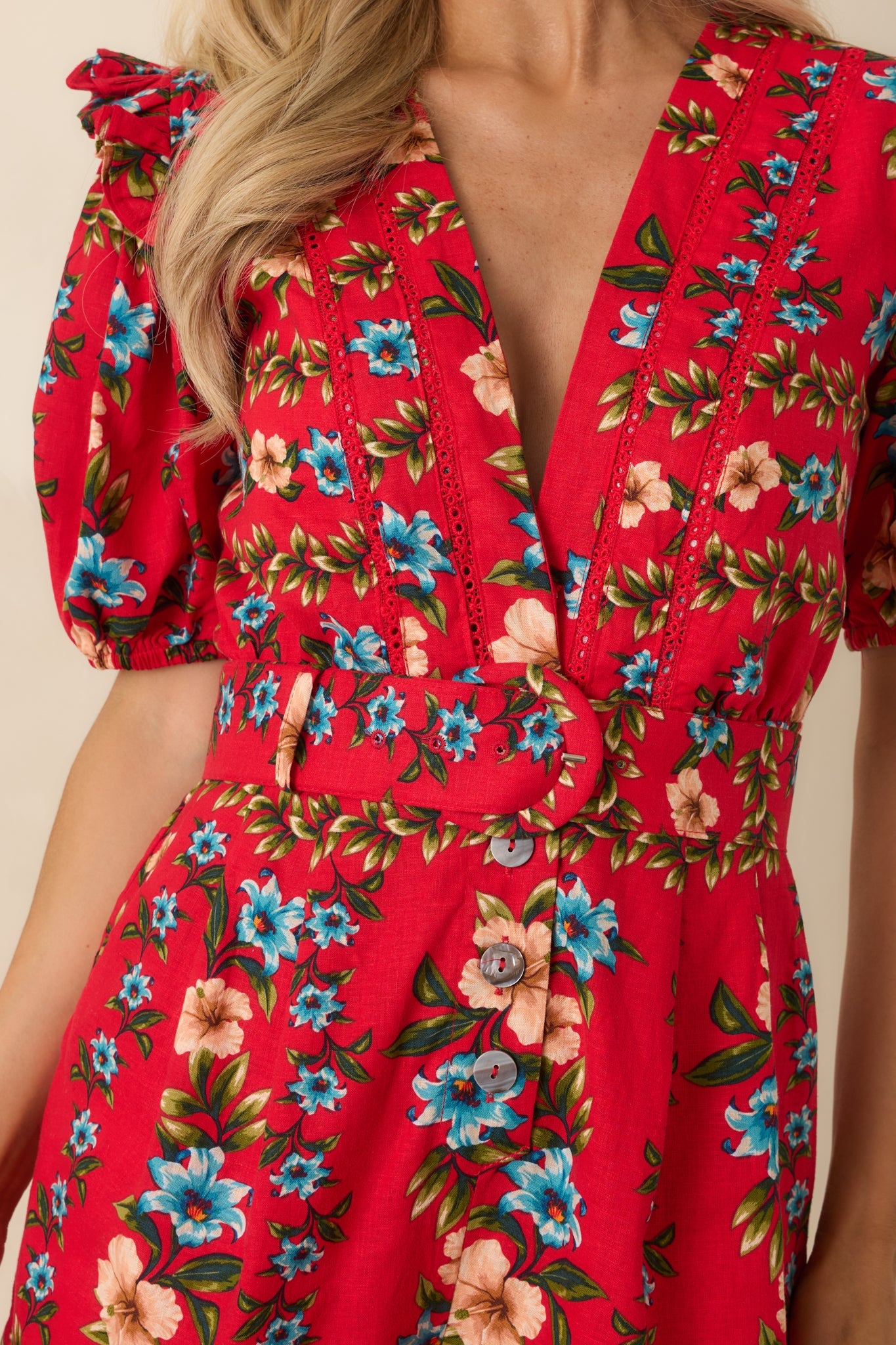 Adventurous at Heart Red Multi Linen Blend Floral Romper