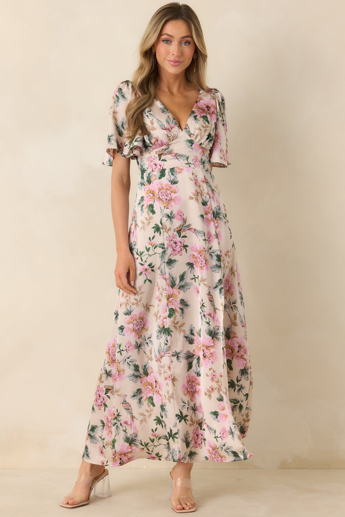 Rosewood Romance Ivory Multi Floral Flutter Sleeve Maxi Dress