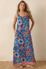 Paradisa Nerissa Blue Mediterranean Tile Print Linen Blend Maxi Dress