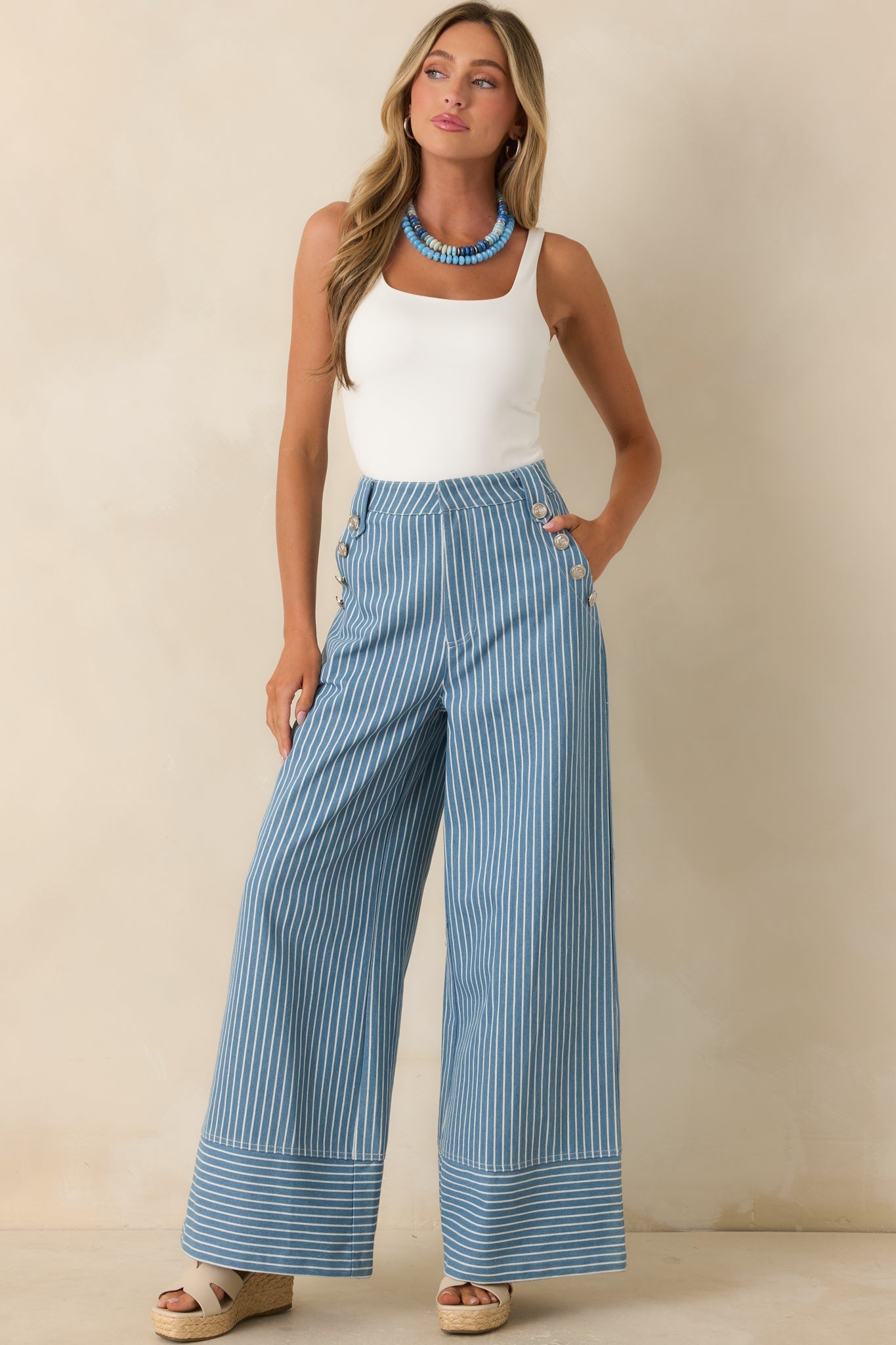 Hey, Sailor Blue Stripe Cotton Button Detail Wide Leg Pants
