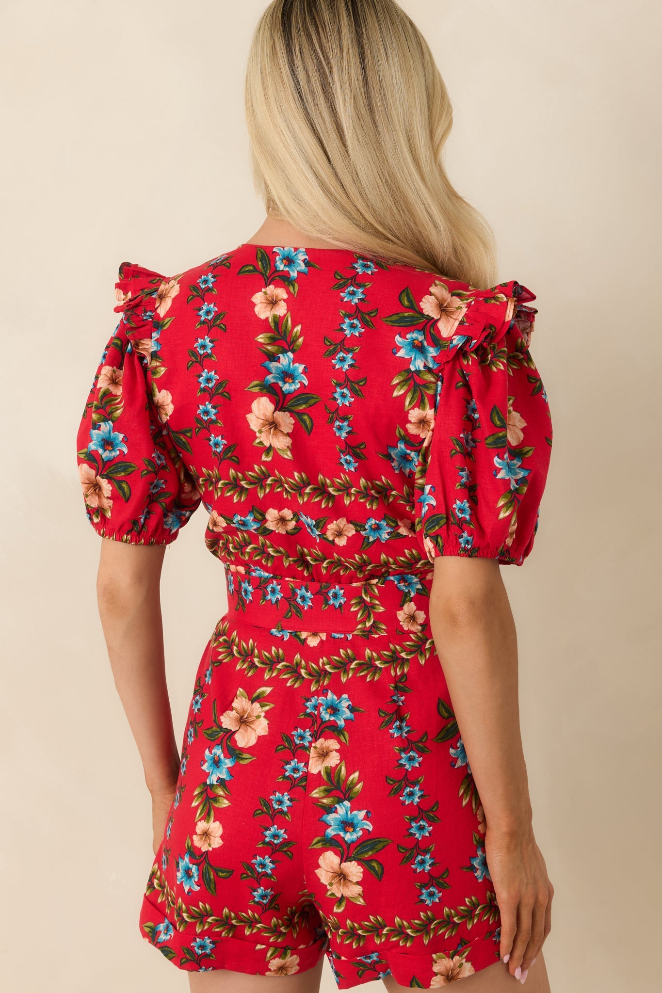 Adventurous at Heart Red Multi Linen Blend Floral Romper