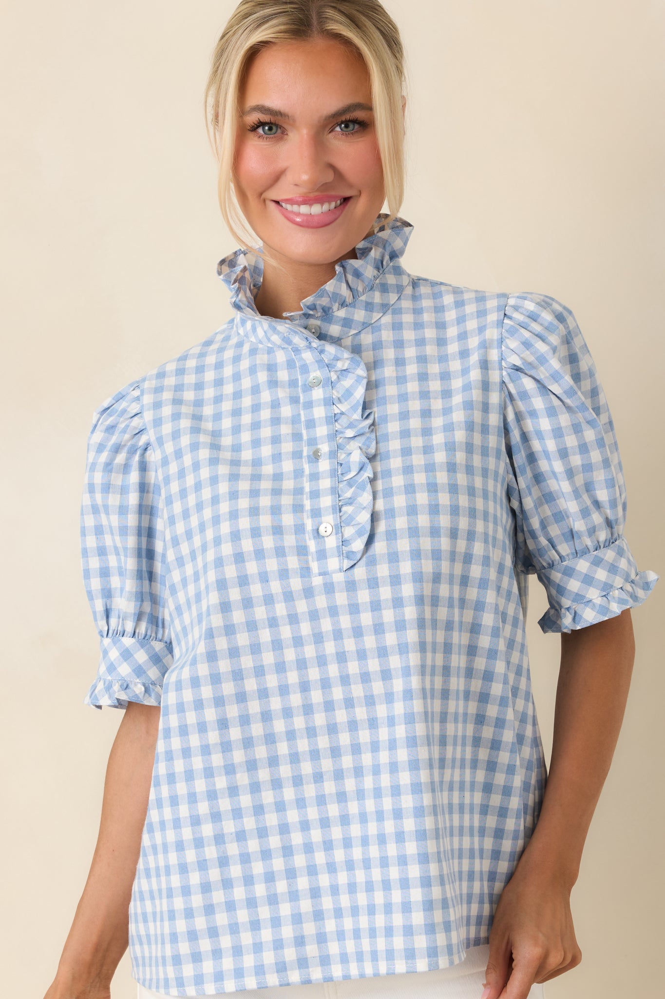 Country Daydream Blue Gingham Ruffle Trim Blouse