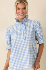 Country Daydream Blue Gingham Ruffle Trim Blouse