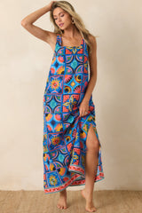 Paradisa Nerissa Blue Mediterranean Tile Print Linen Blend Maxi Dress